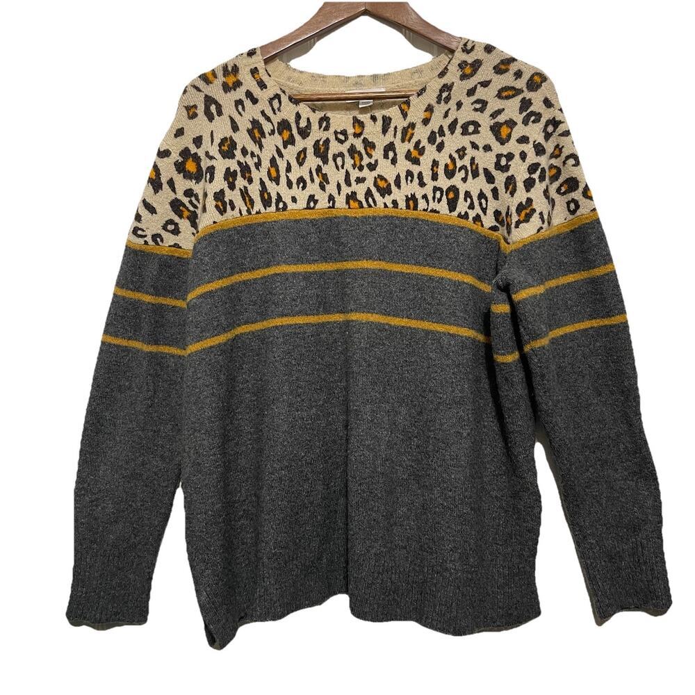 Beachlunchlounge Womens Sweater XXXL Grey Leopard Print Mixed Media Pullover